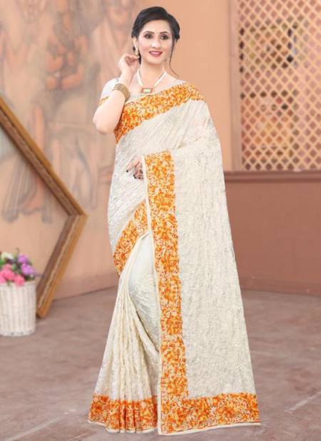 Yellow And Off White NARI PANETAR Festive Wear Heavy Resham Embroidery Work Stylish Saree Collection 5111